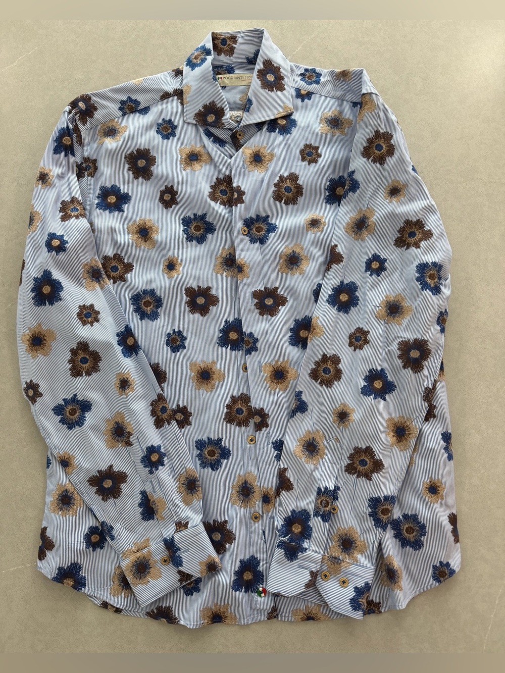 Light Blue Floral Button-Up Shirt with Blue & Brown Flowers